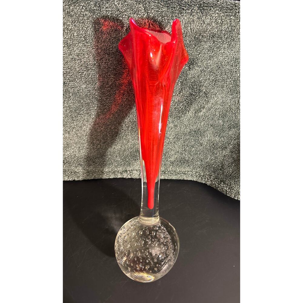 Tall Floral Red Swung Vase with Controlled Bubble Base 1960s MCM Decor